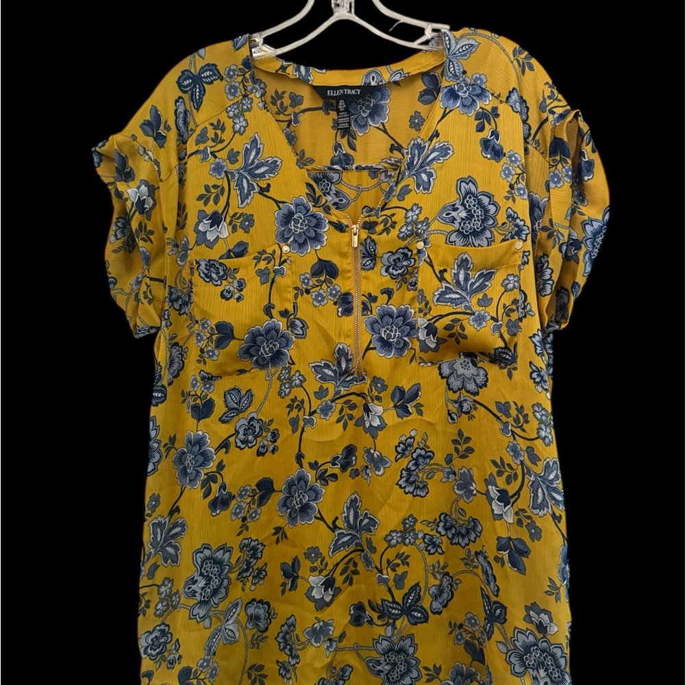 Ellen Tracy Yellow and Blue Floral Zip up Blouse